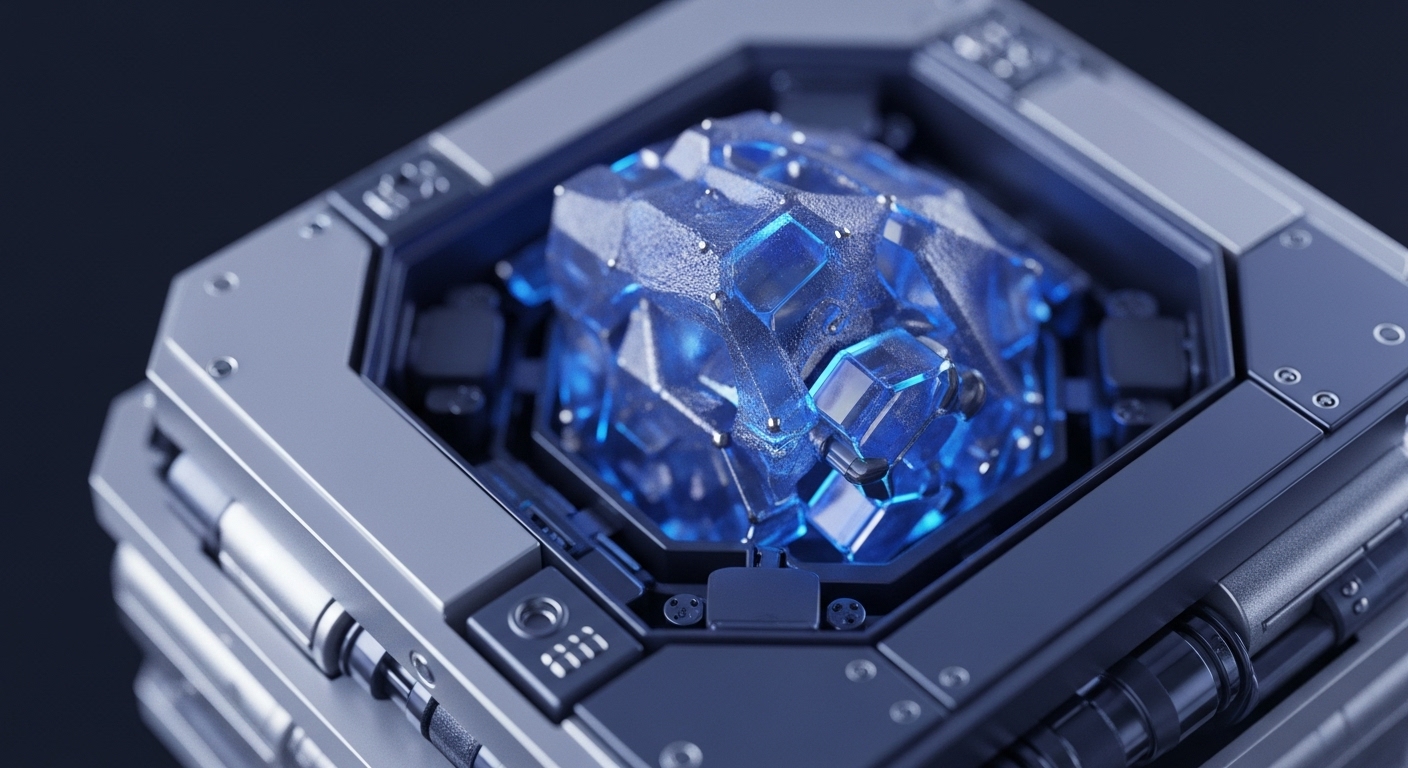 A robust, metallic enclosure houses a luminous, multifaceted blue crystal, symbolizing a secure enclave for digital assets. This sophisticated hardware wallet design suggests advanced cryptographic primitive protection for a blockchain core. Its intricate engineering implies a tamper-proof module safeguarding private key management and ensuring immutable record integrity within a distributed ledger. The glowing core could represent a validator node's computational power or a zero-knowledge proof execution, crucial for decentralized finance.