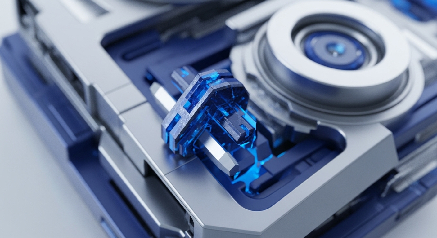 A close-up view reveals a high-tech device featuring a silver-grey metallic casing with prominent dark blue internal components and accents. A central, faceted blue translucent element glows brightly, suggesting active processing or energy flow within the intricate machinery