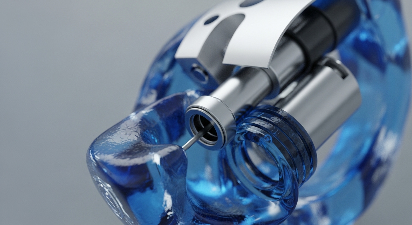 A transparent blue, possibly resin, housing reveals internal metallic components, including a precision-machined connector and a fine metallic pin extending into the material. This sophisticated assembly suggests a specialized hardware device designed for high-security operations