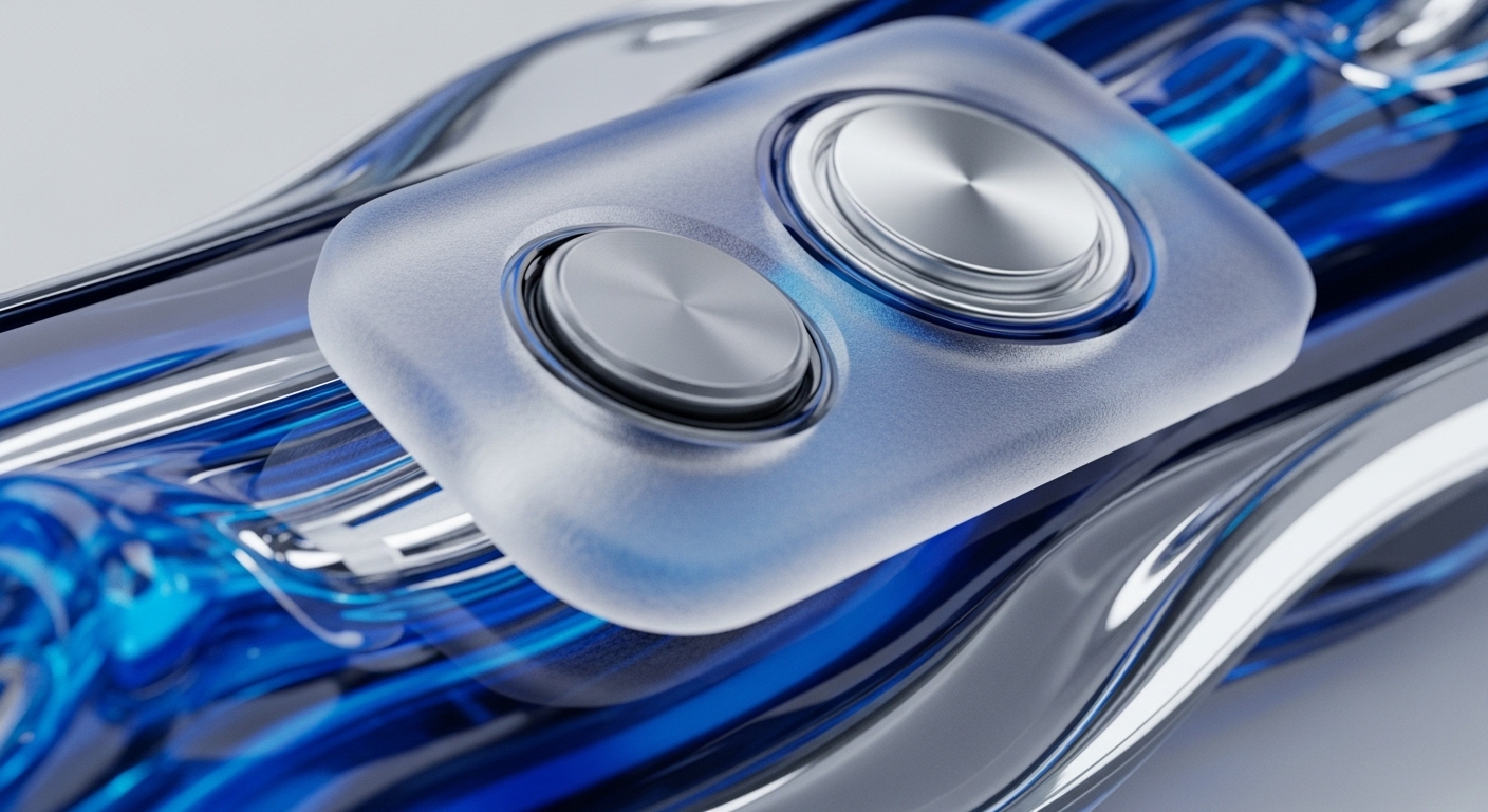 A frosted translucent module features two metallic, brushed-finish circular buttons, suggesting a hardware wallet or secure authentication device. This interface facilitates transaction signing and private key management, crucial for cold storage of digital assets. The underlying abstract blue and silver forms evoke blockchain data streams and decentralized network infrastructure, highlighting the immutable ledger and cryptographic proof mechanisms. This device could enable multi-signature approvals for DeFi protocols or Web3 interactions, ensuring robust security for token transfers and smart contract execution.
