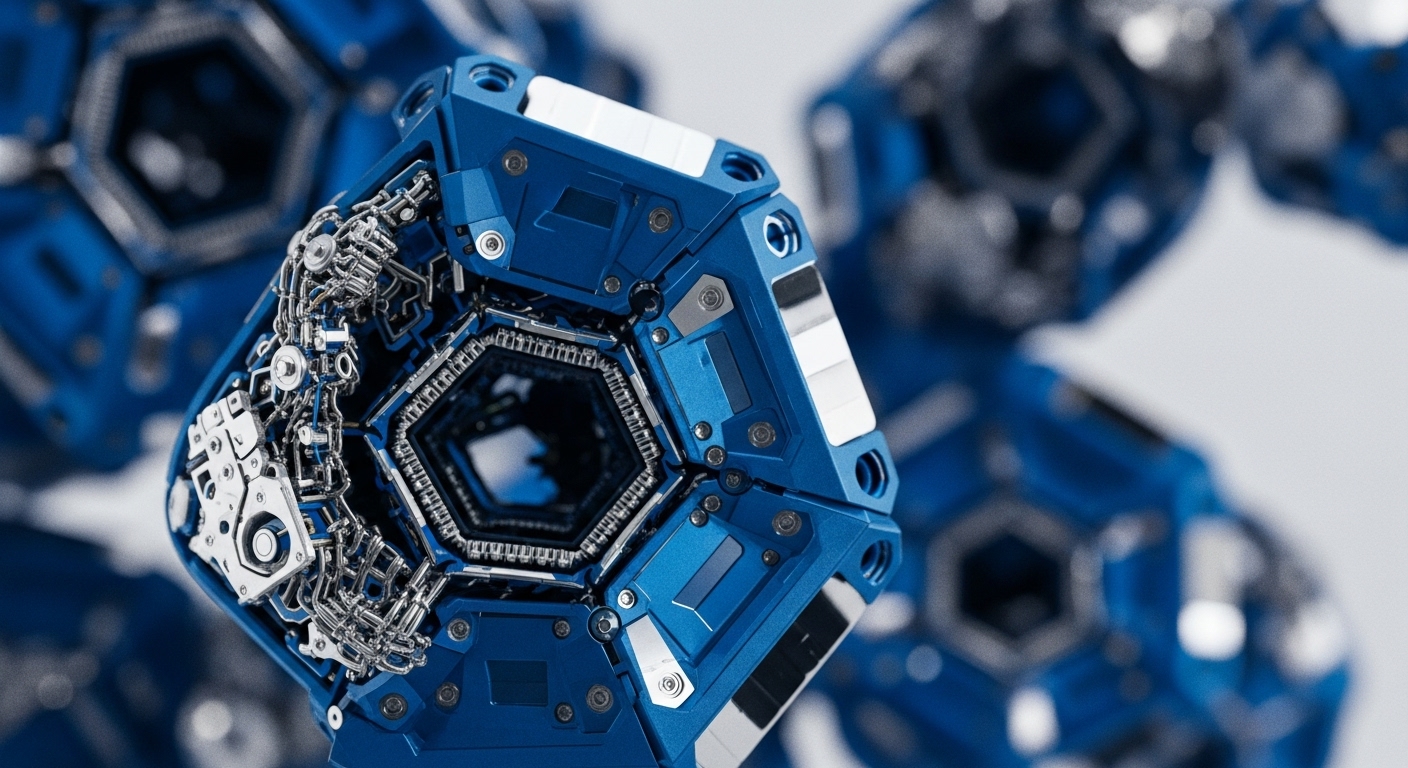 The image displays a close-up of interconnected blue hexagonal modules, with one central unit sharply focused. This module reveals intricate silver-toned internal mechanisms and wiring, set against a blurred background of similar blue structures