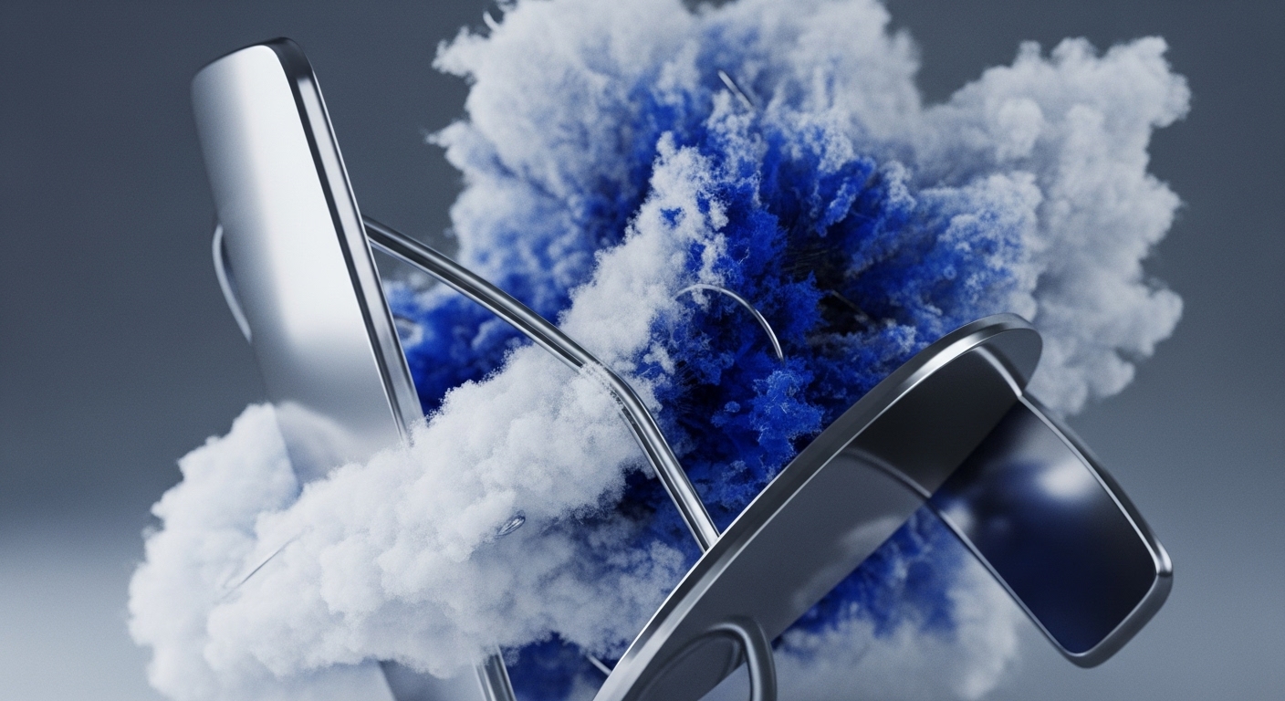 Sleek, reflective metallic structures, embodying robust blockchain architecture, interweave with dynamic bursts of white and deep blue particulate matter. These plumes symbolize on-chain transactional data and liquidity pool volatility, actively interacting with the decentralized ledger technology DLT framework. The composition evokes the intricate interplay within a decentralized finance DeFi ecosystem, where smart contract execution drives protocol functionality, reflecting network activity and potential for rapid protocol upgrades in Web3.