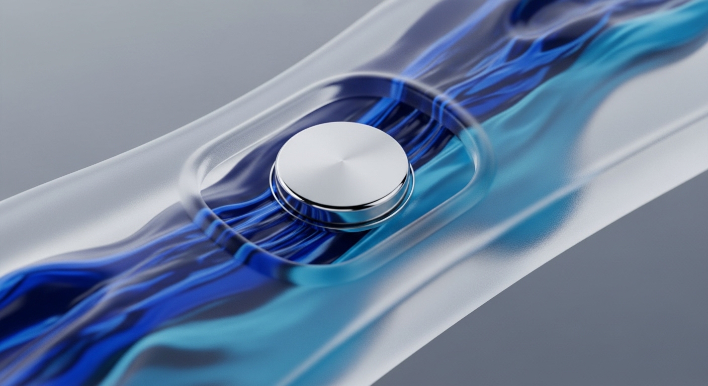 A transparent, frosted channel contains vibrant blue and light blue fluid-like streams, flowing dynamically. Centrally embedded is a circular, brushed silver button, appearing to interact with the flow