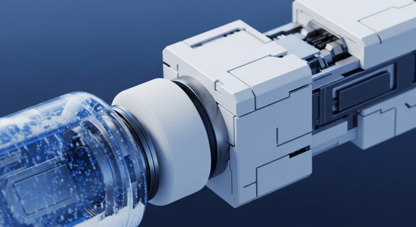 A transparent container filled with a vibrant blue, granular substance securely connects to a complex white modular device. The sophisticated mechanism features visible internal components, highlighting its intricate engineering