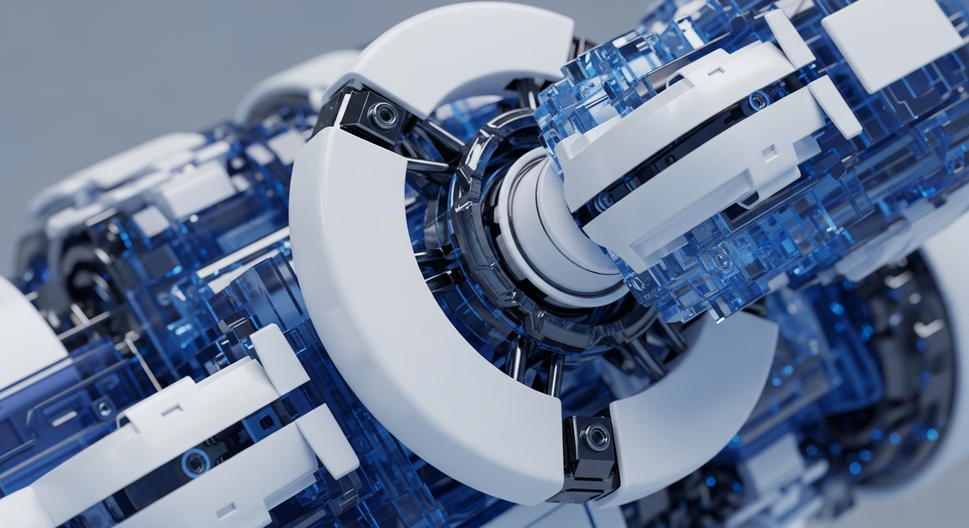 The image displays a complex mechanical structure featuring translucent blue internal circuitry enveloped by smooth white and metallic external components. This detailed rendering highlights an advanced decentralized network topology, where visible transparent sections illustrate active transaction processing and intricate smart contract logic execution