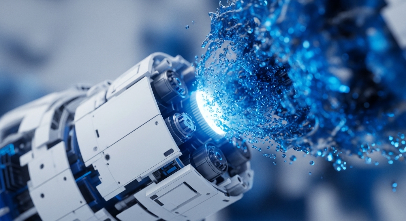 A futuristic white and grey mechanical device, detailed with complex parts and a bright blue glowing aperture, propels a powerful stream of blue liquid. The liquid bursts outwards, forming a dense spray of illuminated droplets against a soft, blurred background