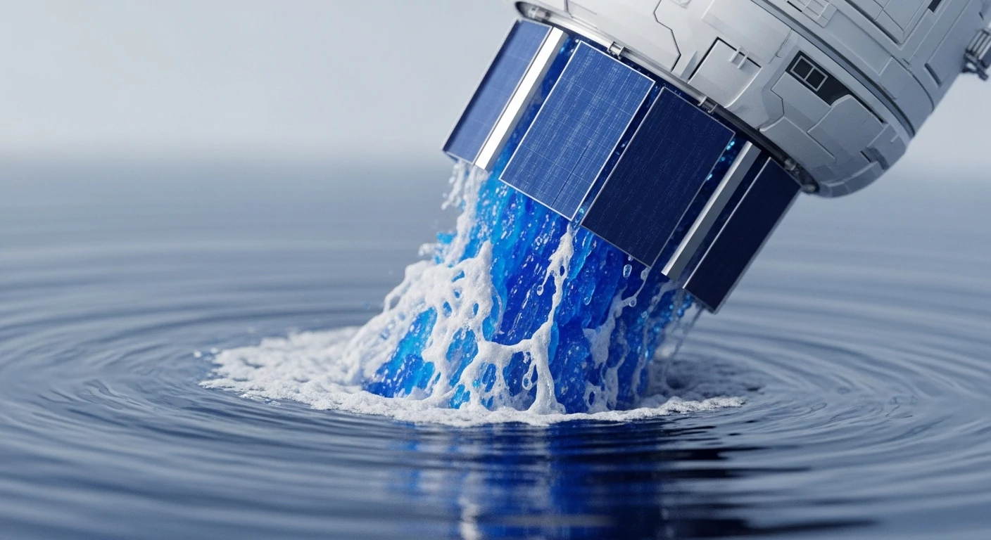 A futuristic metallic device, possibly a satellite or specialized node, is partially submerged in a calm body of water. From its lower section, a vigorous stream of bright blue liquid, intermingled with white foam, forcefully ejects, creating dynamic ripples and splashes on the water's surface