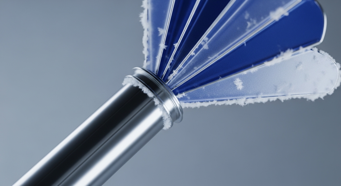 A metallic cylindrical component features a multi-bladed fan assembly, heavily frosted, suggesting advanced thermal management. This cryogenic cooling system is critical for maintaining optimal operating temperatures within high-performance node infrastructure. It directly supports efficient hash rate generation and ensures blockchain scalability. Such energy efficiency protocols are vital for sustainable proof-of-work operations and robust distributed ledger technology. The system facilitates rapid block validation and high transaction throughput across a decentralized network, mitigating hardware degradation.