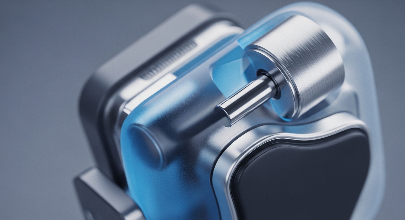 A close-up reveals a sophisticated hardware component, featuring a prominent brushed metal cylinder partially encased in a translucent blue material, suggesting advanced cooling or data flow visualization. This element likely functions as a secure element or cryptographic processing unit within a digital asset custody solution. Below, a dark, undulating surface, possibly a biometric sensor or transaction confirmation button, is framed by polished metal. The design emphasizes tamper-proof enclosure and robust private key management, crucial for cold storage and multi-signature security in decentralized finance applications, ensuring firmware integrity and protection against supply chain attacks.