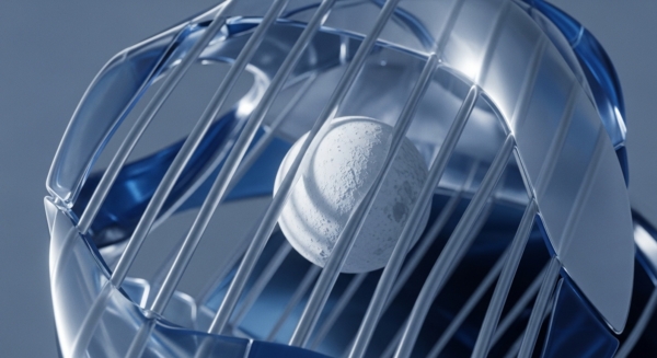 A textured, white sphere, reminiscent of a digital asset or a foundational data shard, is securely encapsulated within a complex, translucent blue and metallic silver framework. This robust structure symbolizes advanced cryptographic security and a decentralized ledger's immutable architecture. The metallic bars suggest a multi-signature wallet or a layer-2 scaling solution, safeguarding the core token. This visual metaphor highlights the intricate web3 infrastructure protecting valuable digital identity or a critical smart contract, emphasizing secure consensus mechanisms and robust DeFi protocol integration.