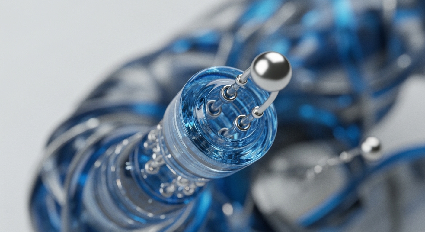 A detailed macro shot showcases a translucent blue tubular structure, housing metallic spheres connected by slender rods. The intricate system appears to be part of a larger, complex network of similar components, blurred in the background