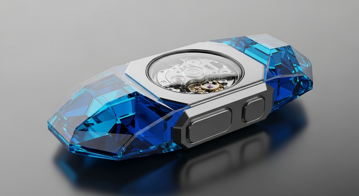 A sleek, futuristic device, predominantly silver-toned with brilliant blue crystal accents, is depicted resting on a smooth, reflective grey surface. A circular window on its top surface offers a clear view into a complex mechanical watch movement, showcasing intricate gears and springs