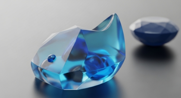 A prominent, multifaceted, translucent blue object, resembling a sculpted gem, dominates the foreground. Its intricate geometry and internal refractions evoke the complex cryptographic primitives underpinning digital asset tokenization. A smaller, dark blue fungible token is embedded, signifying on-chain asset composition or wrapped token functionality. In the background, a blurred, dark blue non-fungible token NFT suggests diverse tokenomics within a decentralized finance DeFi ecosystem. This visual metaphor illustrates immutable ledger entries and liquidity pool potential, reflecting blockchain interoperability.
