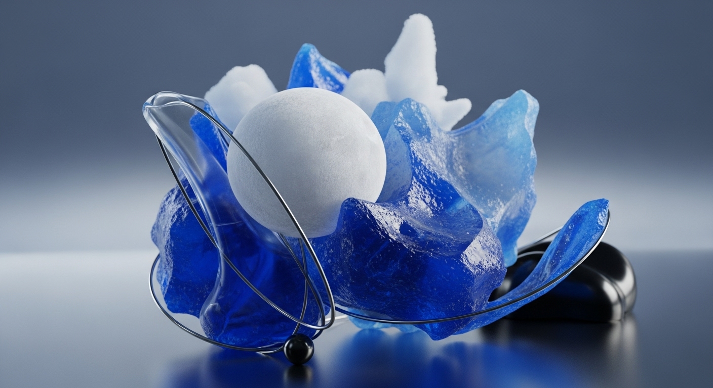 A striking abstract composition showcases a central frosted white sphere, surrounded by numerous irregular, translucent blue and white elements, with thin metallic wires intricately weaving through them. The entire arrangement rests on a reflective dark surface, featuring a small black sphere and a larger dark, smooth object in the background