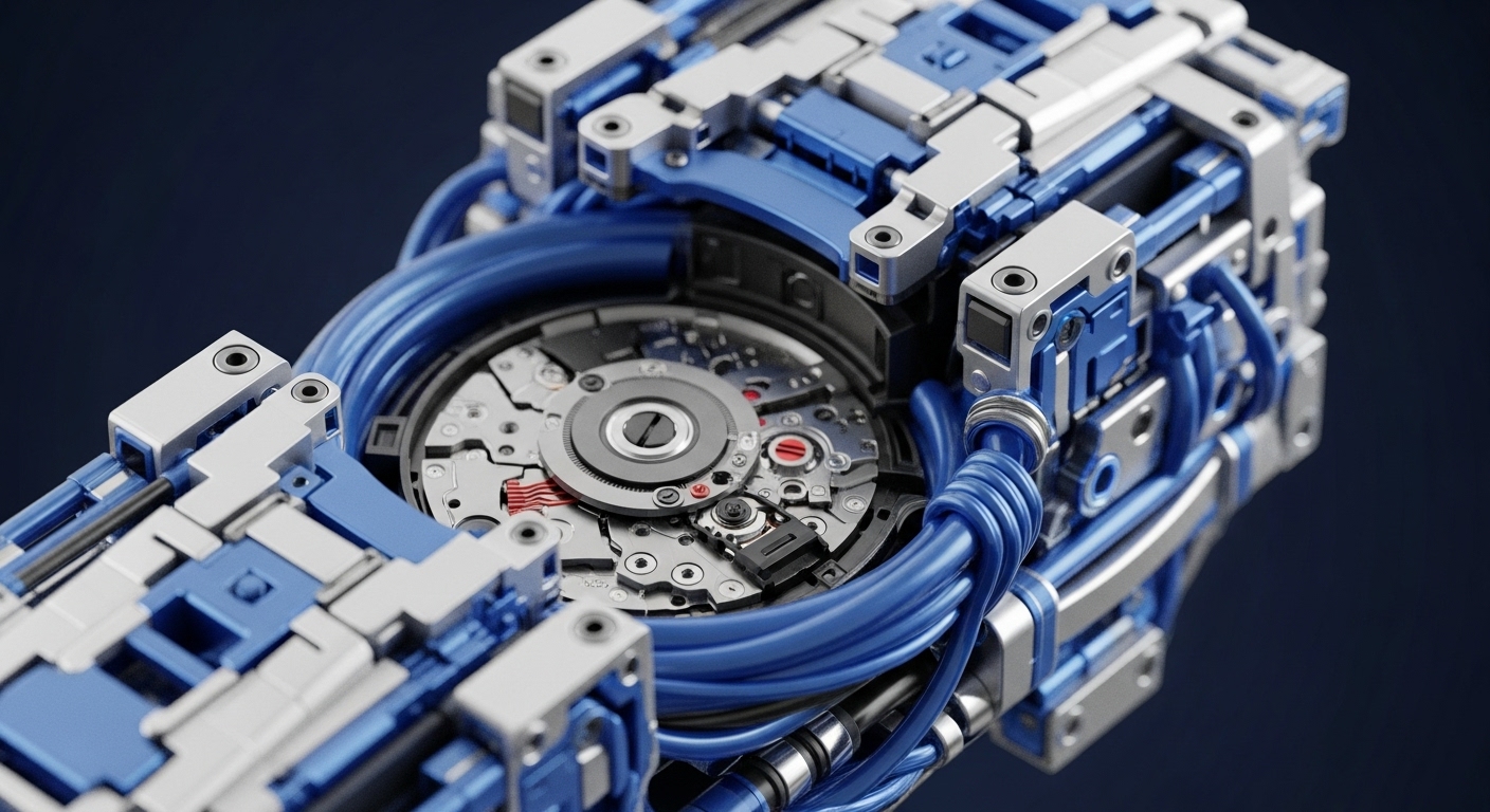 A close-up view captures a highly detailed, intricate mechanical device, predominantly silver and blue, with numerous interlocking components and visible internal workings. Central to the device, a complex gear and spring assembly, akin to a precision timepiece movement, is openly displayed, surrounded by blue tubes and structural elements