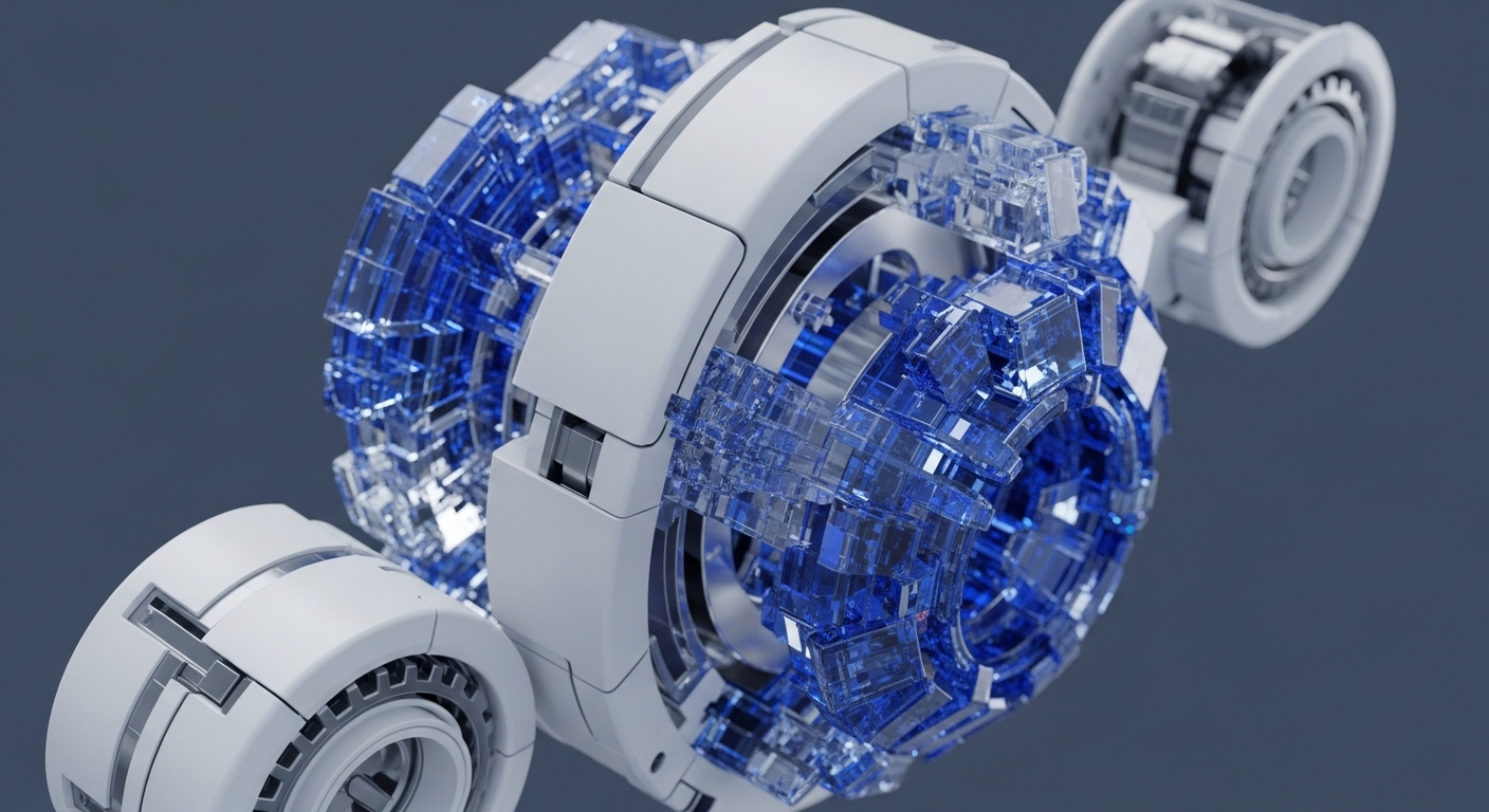 A detailed render displays a futuristic mechanical device with a prominent central spherical component, constructed from numerous transparent blue cubic segments. This core is partially encased by a smooth, white, segmented outer shell, flanked by two similar white cylindrical modules showing intricate internal gears and bearings