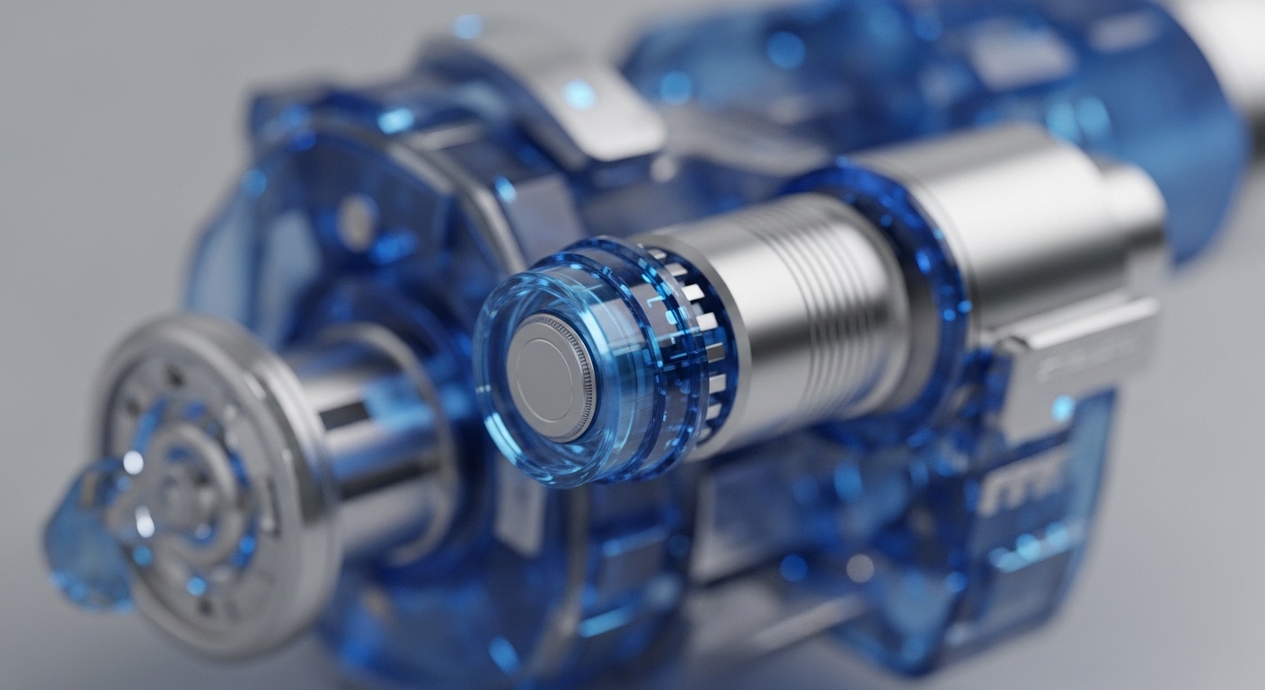 A close-up view reveals a highly detailed mechanical component, featuring transparent blue casing and polished silver elements. The central focus is a cylindrical silver mechanism with fine grooves, capped by a clear blue lens-like structure, while intricate metallic parts and subtle blue lights are visible throughout the assembly