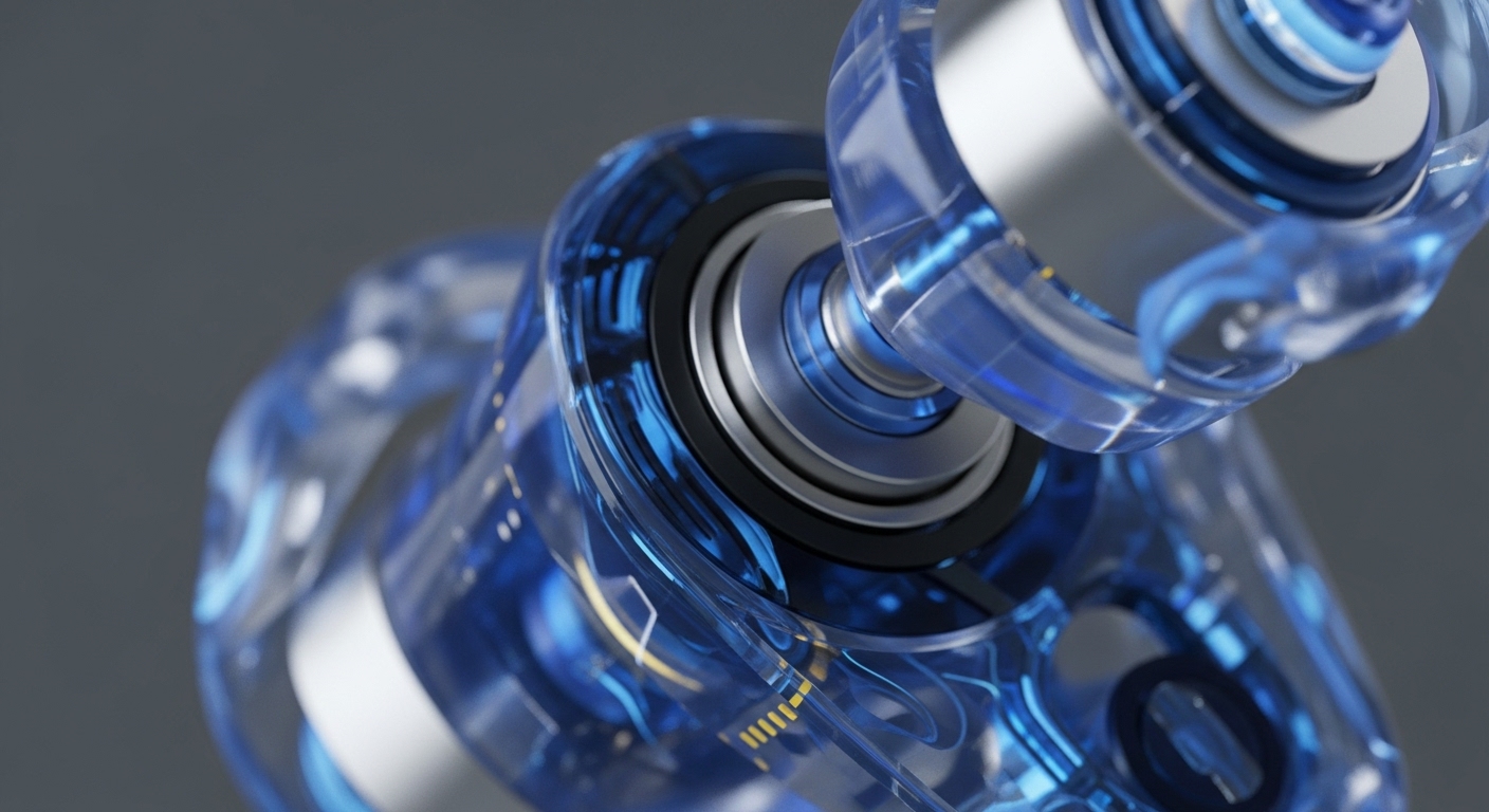 A close-up view displays a transparent blue mechanical assembly, showcasing intricate internal components. Metallic cylindrical parts are visible, interconnected by black rings and translucent blue structures