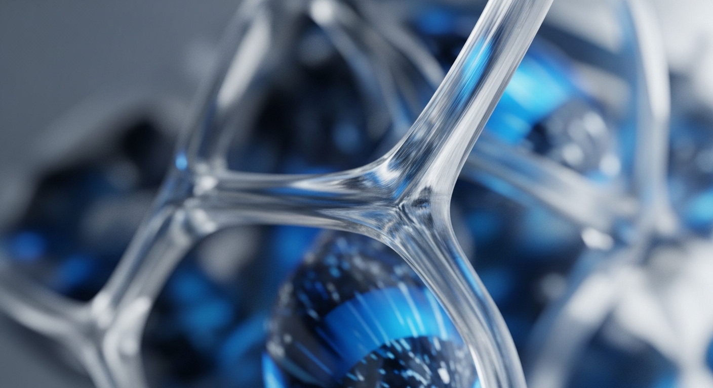 The image displays a close-up of a transparent, crystalline lattice structure, with interconnected segments forming a complex network. Within this framework, blurred blue spherical elements glow brightly, some revealing intricate internal patterns