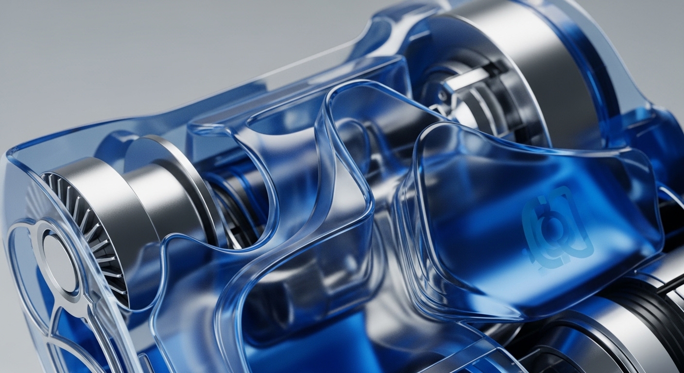 A high-resolution render displays a transparent blue casing revealing intricate silver metallic internal components. The design suggests a sophisticated, high-performance decentralized ledger technology DLT processing unit