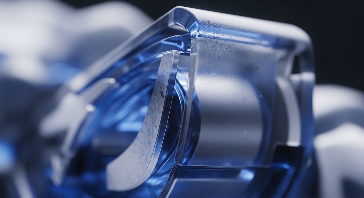 The image displays a detailed close-up of translucent, blue-tinted internal mechanisms, featuring layered and interconnected geometric structures with soft edges. These components appear to be precisely engineered, showcasing a complex internal system