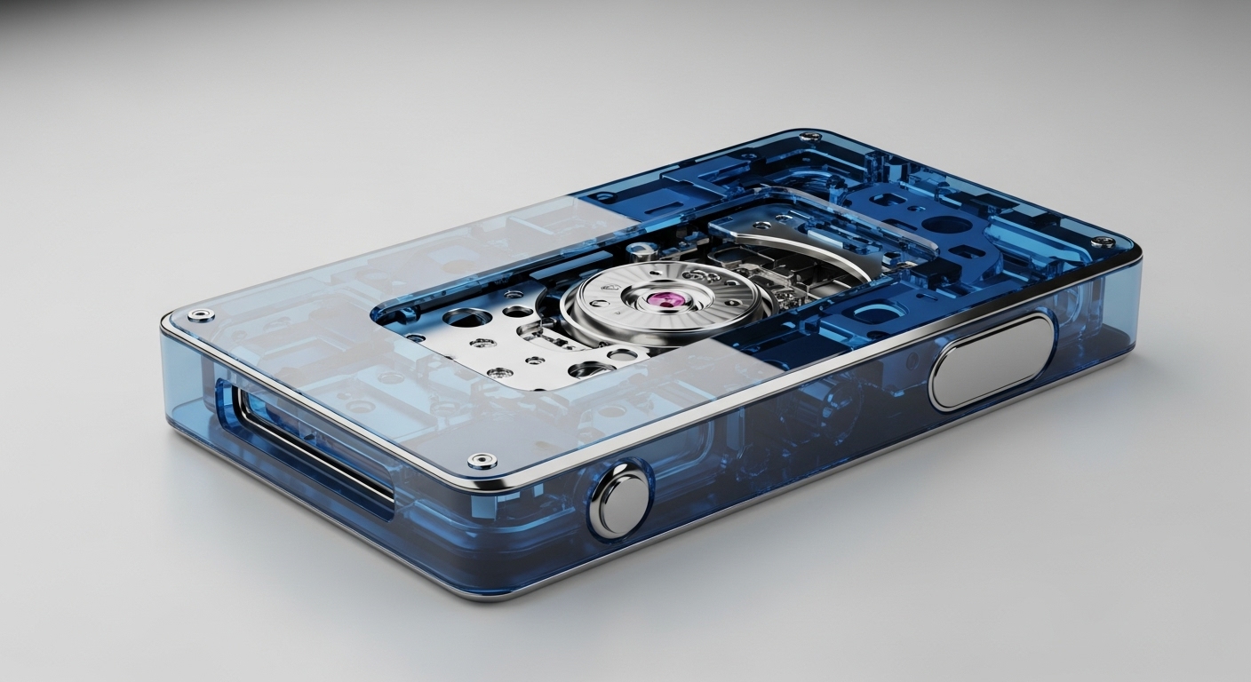 A sleek, transparent blue electronic device, rectangular, rests on a plain white background. Its translucent casing reveals intricate metallic internal components, including a central circular mechanism with a pink jewel-like accent, and various blue structural elements
