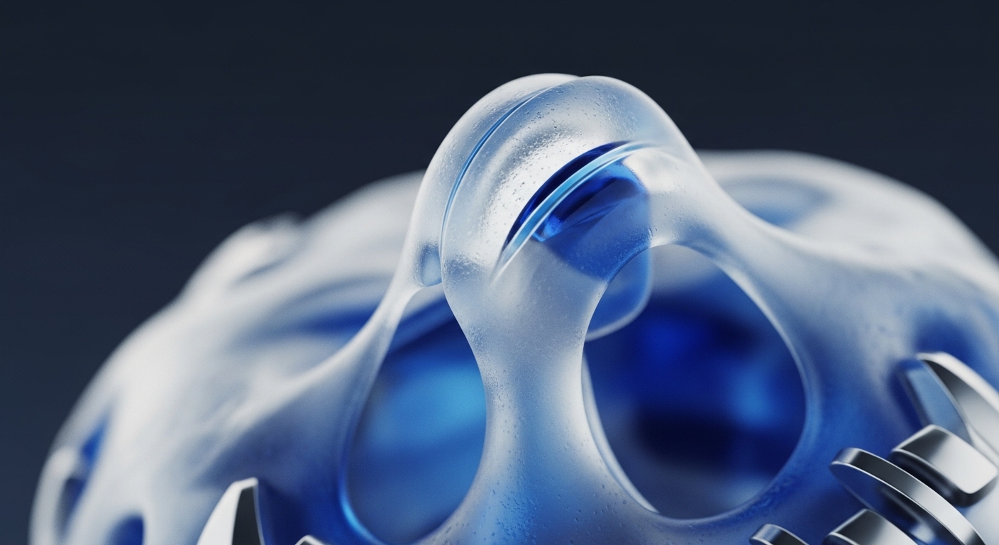 A close-up view reveals a complex, translucent structure, predominantly frosted clear with deep blue internal elements, suggesting intricate blockchain architecture. The smooth, interconnected forms evoke decentralized ledger data flow and smart contract logic. Metallic, angular components on the periphery hint at validator nodes or hardware security modules. This visual metaphor underscores cryptographic primitive integrity and protocol transparency within a Web3 ecosystem, emphasizing data immutability and network infrastructure resilience for digital assets.