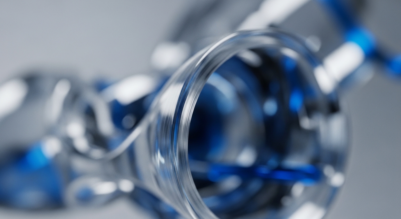 The image displays abstract, translucent, glass-like structures, with a prominent, sharply focused one in the foreground that bends and recedes into the background. Hints of vibrant blue elements, possibly representing flowing liquid or light, are visible within and behind these clear conduits