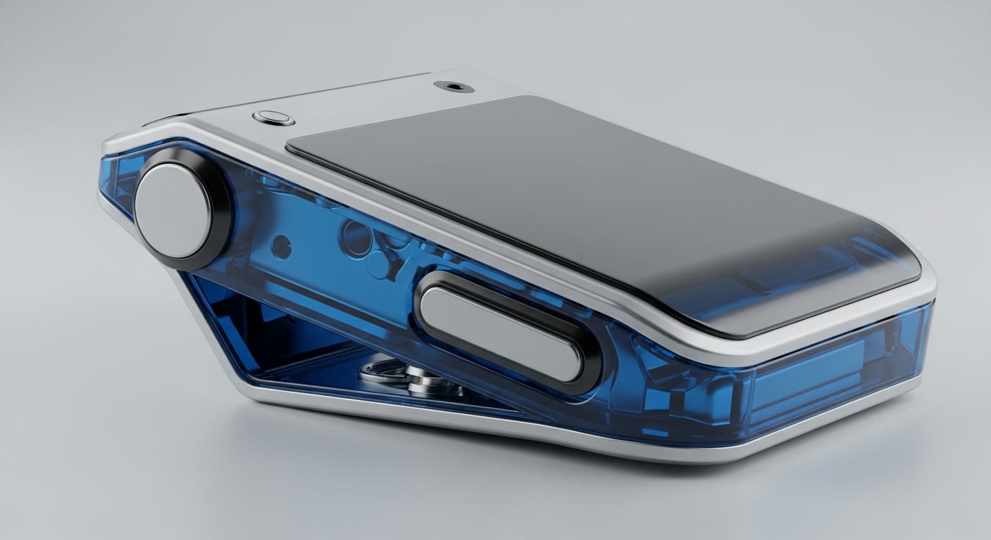 The image displays a futuristic, angled device featuring a translucent blue lower casing that reveals intricate internal mechanisms, complemented by a sleek silver metallic top panel and a dark, reflective screen. Prominent silver buttons and a circular dial are integrated into its design, emphasizing interactive control and robust construction