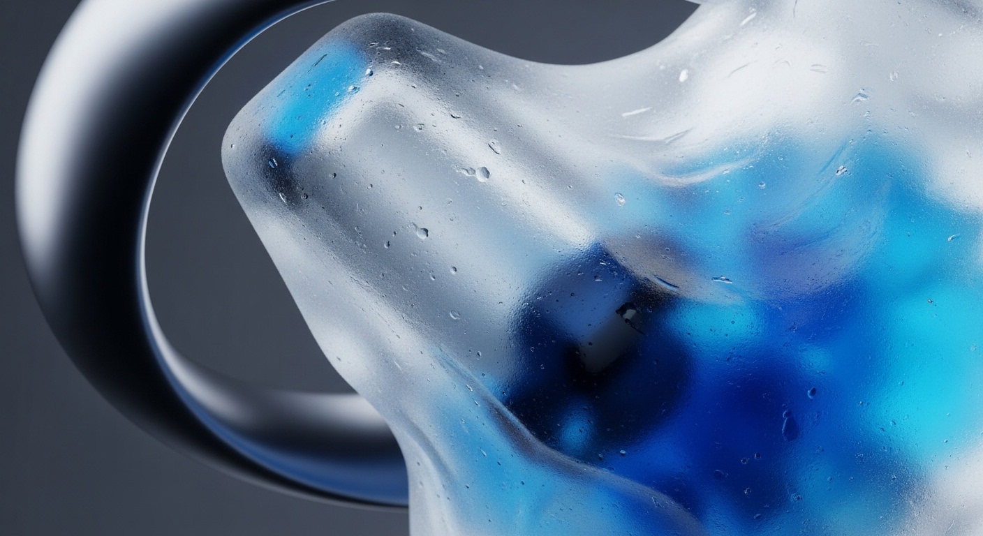 A close-up view reveals a frosted, translucent, irregularly shaped object adorned with numerous water droplets, symbolizing blockchain transparency and data integrity. Behind this cryptographic primitive, blurred deep blue and lighter blue forms suggest intricate protocol architecture and underlying digital asset flows. A smooth, dark grey, curved metallic element on the left signifies robust hardware wallet security or institutional custody solutions. The droplets emphasize network resilience and transaction finality, reflecting a secure distributed ledger technology DLT environment. This visual metaphor highlights the immutability inherent in Web3 infrastructure.