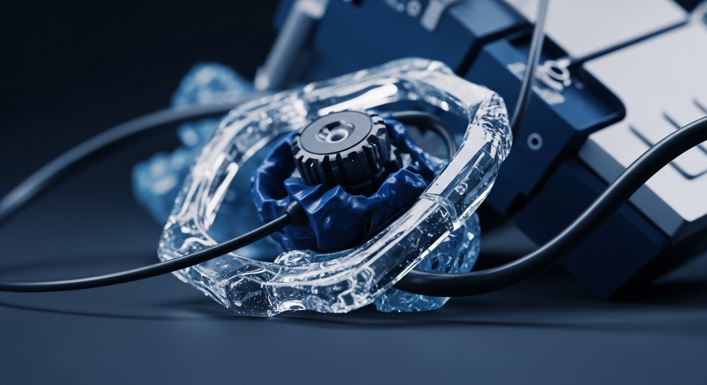 A crystalline, transparent structure encapsulates a dark blue, textured component, housing a central metallic gear-like mechanism. A black cable extends from this core, symbolizing network connectivity within a decentralized ecosystem. This intricate assembly represents a fundamental cryptographic primitive, potentially a core consensus mechanism or a component of a layer-2 scaling solution. The transparent outer layer signifies blockchain transparency and immutable ledger principles, while the internal mechanism drives tokenomics and facilitates secure multi-party computation for digital assets. The background hints at broader Web3 infrastructure.
