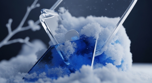 A stark, minimalist composition features translucent geometric planes, resembling Layer 2 scaling solutions, partially obscured by granular white material, evocative of crypto winter conditions. A deep blue panel suggests digital asset liquidity pools, with the white powder hinting at cold storage security. The crystalline structures symbolize blockchain transparency and immutable ledger integrity, while the overall aesthetic reflects the precise cryptographic primitives underpinning decentralized finance DeFi. The scene conveys a sense of emerging protocol innovation within a bear market environment, emphasizing data integrity and network security.