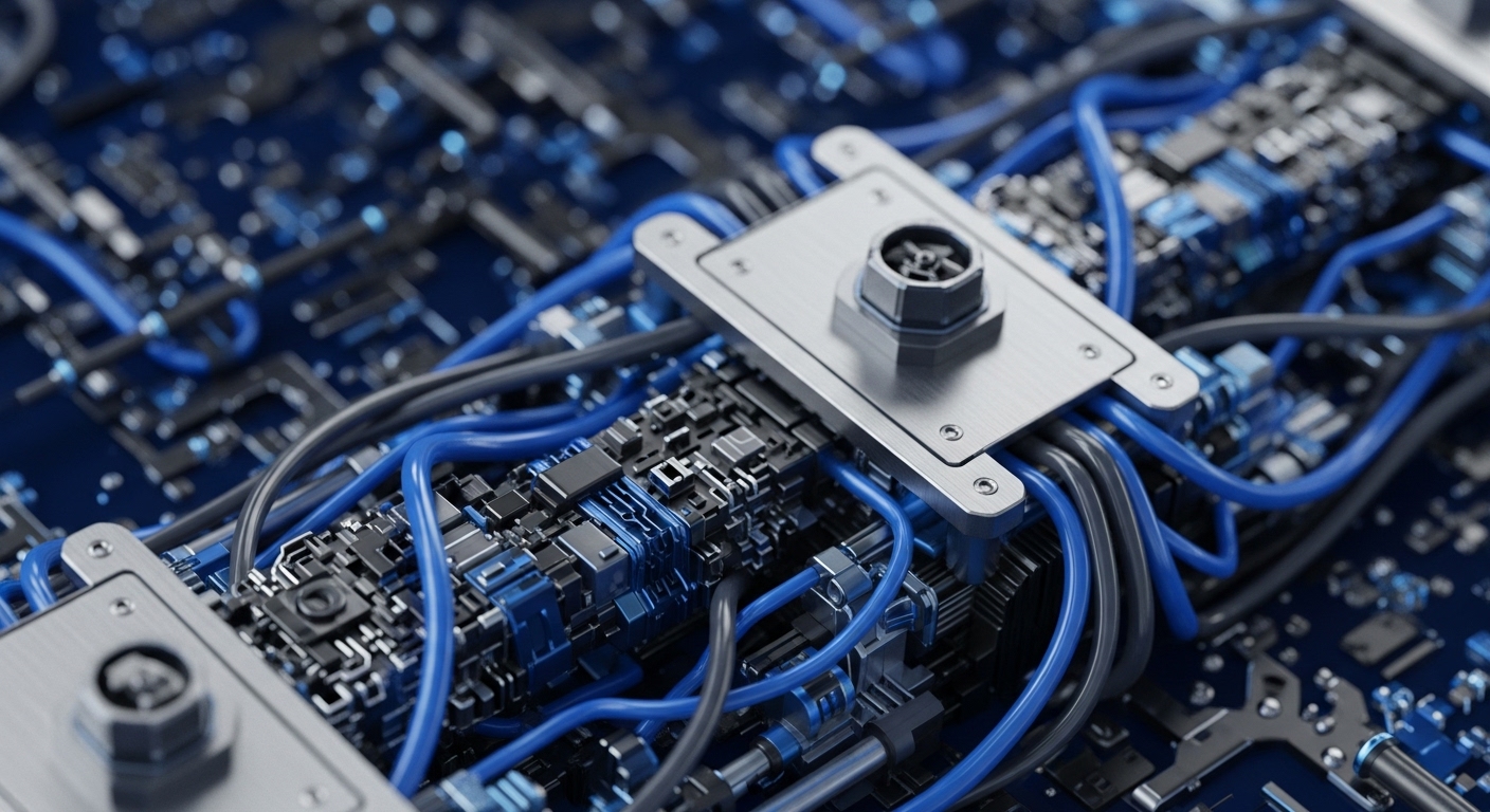 Intricate electronic circuitry fills the frame, showcasing a dark blue printed circuit board densely packed with metallic and dark-hued components. Vibrant blue and grey data cables weave across the board, connecting various modules and metallic interface plates secured by bolts