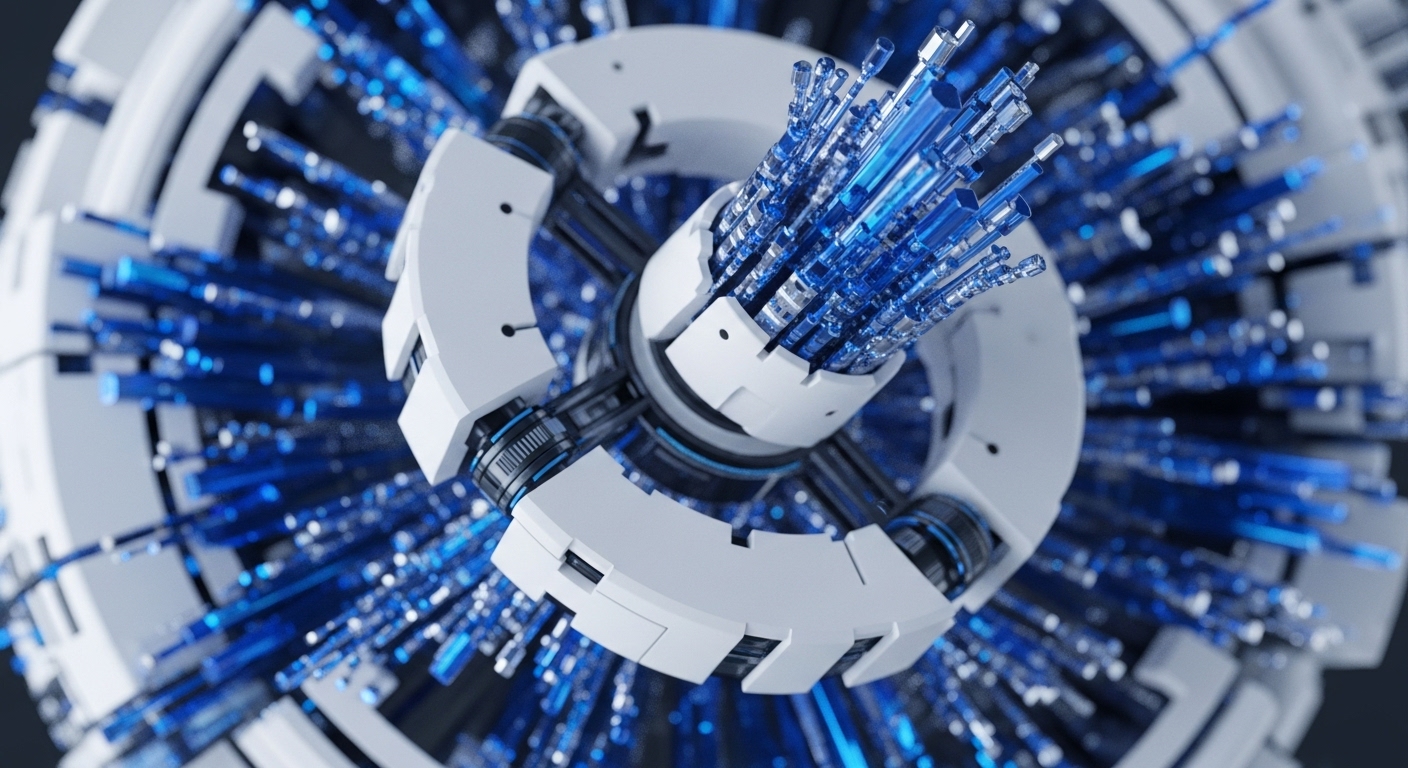 A futuristic, white segmented core structure dominates, radiating numerous glowing blue translucent rods. These elements extend in various lengths and densities, suggesting complex data pathways or energy conduits within a sophisticated system. The design evokes a high-performance validator node actively engaged in distributed ledger technology. The intricate arrangement implies massive transaction throughput and the execution of smart contracts, with the blue streams representing real-time cryptographic proofs across a decentralized network. This abstract representation visualizes the dynamic operations of a core consensus mechanism.