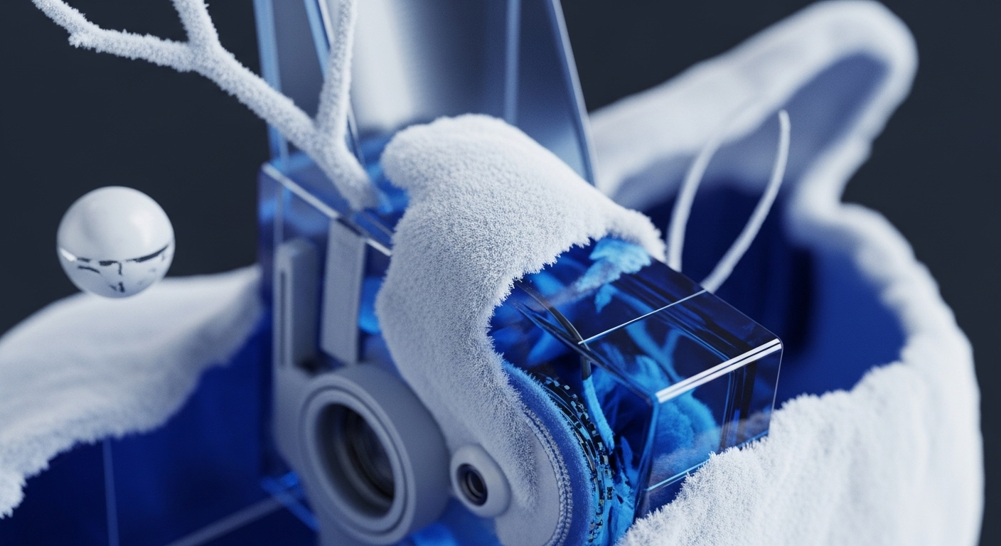 A futuristic, deer-like head, constructed from clear blue material with intricate internal components, is partially covered in white, fluffy, snow-like texture. A branched, white antler extends from the head, and a reflective silver sphere floats nearby against a dark background