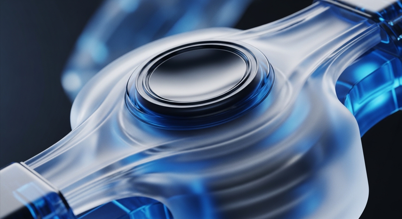 A futuristic, translucent blue-tinted structure with smooth, flowing lines and internal angular elements is depicted, featuring a prominent dark circular interface at its center. This sophisticated design visually represents advanced blockchain architecture, emphasizing the intricate flow of data within a decentralized ledger technology framework