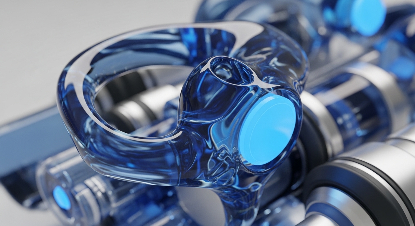 A close-up view reveals a complex, translucent blue component, resembling a sophisticated Web3 infrastructure element. Its fluid, organic form showcases internal structures, suggesting intricate protocol architecture and efficient data flow. Bright, circular blue illuminations function as validator node indicators or transaction finality confirmations within a distributed ledger technology DLT network. The material's transparency emphasizes blockchain auditability and open-source protocol design, crucial for decentralized autonomous organization DAO governance. Surrounding metallic elements hint at robust cryptographic primitive operations.