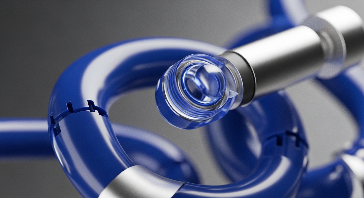 A segmented blue tubular structure, intricately intertwined, represents a complex decentralized network topology. A transparent cylindrical connector, featuring internal helical elements, terminates one end, symbolizing a data ingress/egress point for cryptographic payloads. Metallic bands secure segments, indicating robust protocol layering and data integrity. This visual metaphor illustrates cross-chain interoperability and transaction finality within a distributed ledger technology DLT ecosystem, facilitating block propagation and scalability solutions for Web3 infrastructure. The design suggests efficient peer-to-peer P2P data routing and smart contract execution.