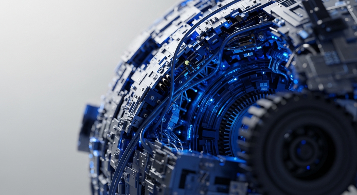A highly detailed, futuristic mechanical structure with prominent blue glowing internal elements and numerous interconnected wires. The design showcases intricate circuitry and components within a partially visible spherical or cylindrical form