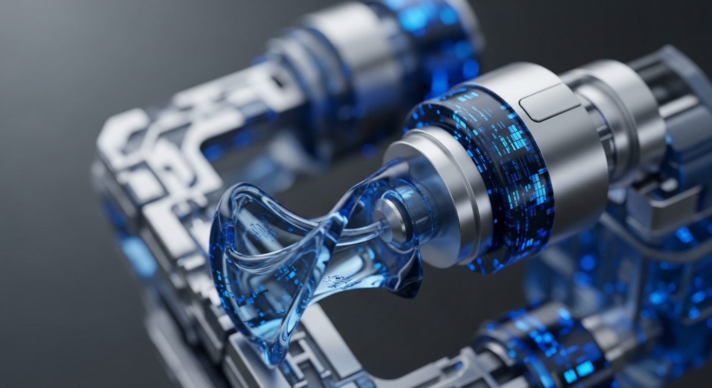 The image displays a futuristic digital system composed of interconnected metallic and translucent blue components. Glowing blue digital patterns are visible within the transparent sections, alongside a central helix-like structure