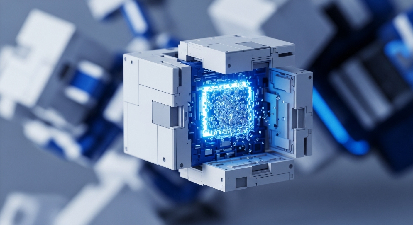 The image prominently displays a futuristic, modular white and grey mechanical cube, revealing an intensely glowing blue core. Within this luminous core, countless small, bright particles are actively swirling, representing dynamic data processing