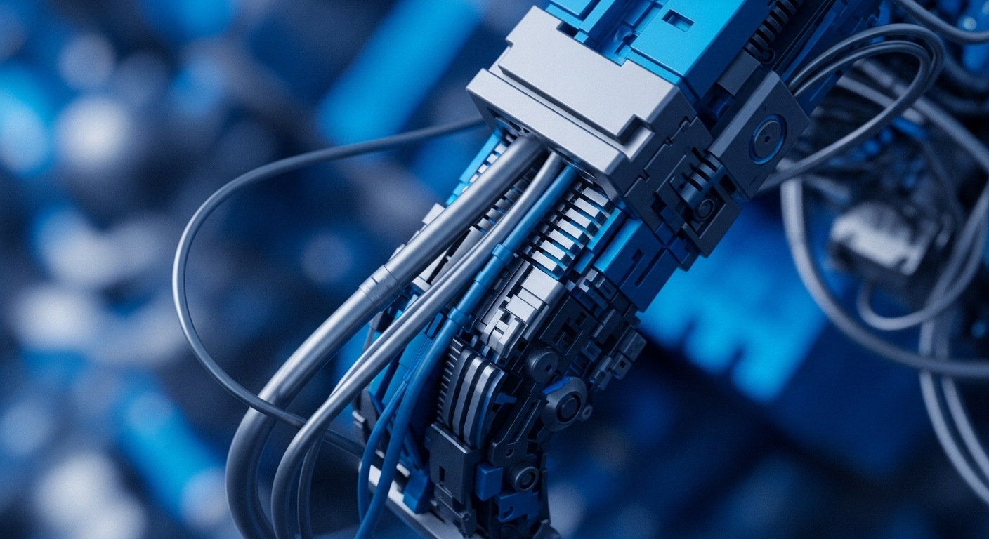 A detailed close-up reveals intricate blue and silver mechanical components, featuring numerous interconnected wires and cables. The foreground showcases a complex assembly of metallic conduits and structured panels, with a blurred background of similar blue elements