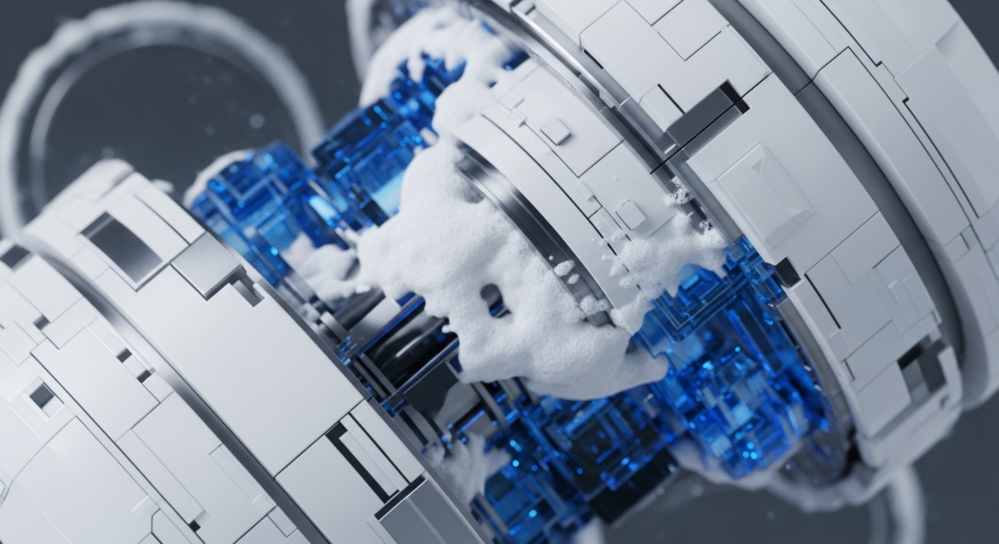 A sophisticated abstract mechanism features white modular structures intricately connected around glowing blue crystalline components. A white, frothy substance covers portions of the blue elements and the white framework, set against a dark, blurred background with subtle ring shapes