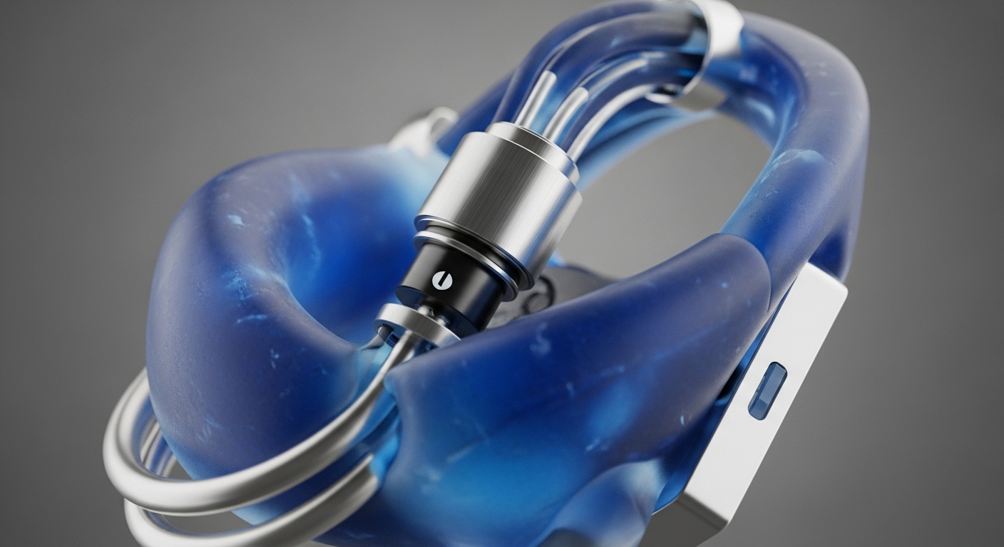 A futuristic hardware component features a translucent blue, fluid-filled complex structure, suggesting liquid cooling. A central metallic secure enclave branches into conduits, facilitating high-speed data stream. Silver rings and a white hardware security module HSM integrate with the blue material. This design optimizes transaction throughput for a validator node, ensuring robust cryptographic primitive operations within a distributed ledger, crucial for Web3 interoperability and digital asset custody.