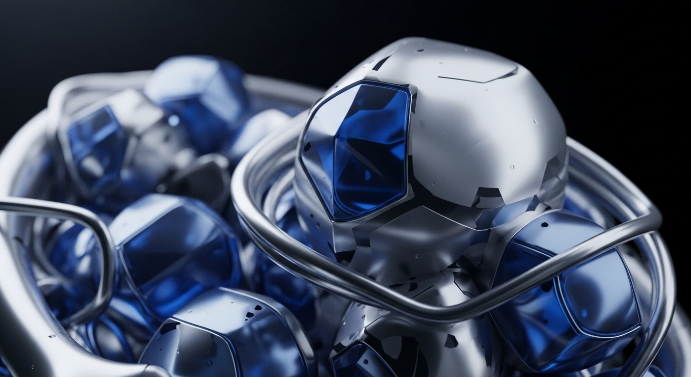 The image showcases a detailed arrangement of reflective silver and deep blue geometric forms, interconnected by smooth metallic conduits. These abstract components create a visually complex, high-tech structure against a dark background