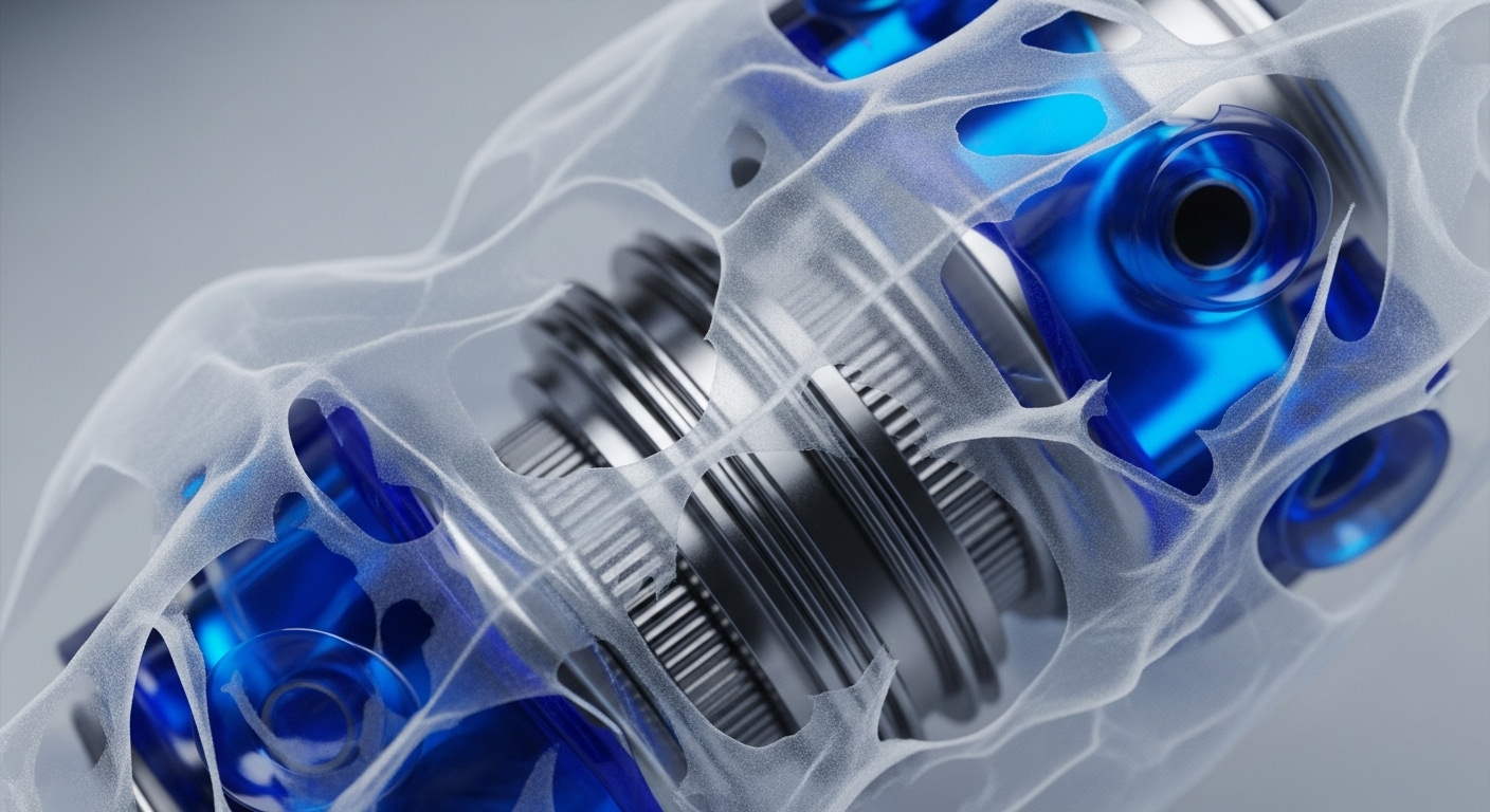 The image displays a complex internal mechanism, featuring shiny metallic cylindrical components with ribbed surfaces, vibrant blue elements, and an overarching translucent, web-like structure. These elements are intricately intertwined, suggesting a sophisticated system