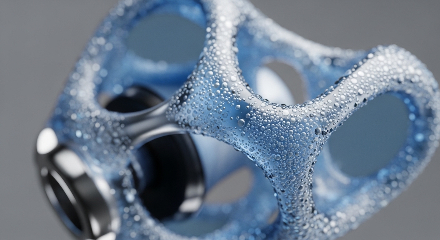 A sophisticated 3D rendering presents a complex, porous blue structure, intricately detailed with numerous glistening water droplets. Reflective metallic components are embedded within its framework, suggesting a highly engineered system