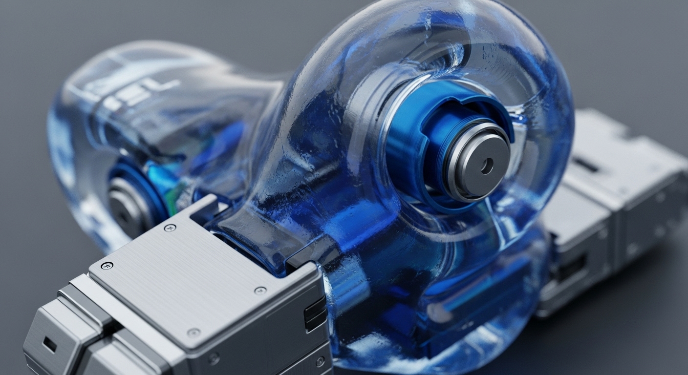 A translucent blue, organically shaped component, possibly a cooling or processing unit, is centrally featured, connected to modular silver-grey metallic blocks. The transparent material reveals internal structures and fluid dynamics, suggesting a high-tech operational system
