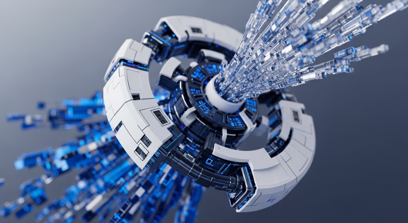A sleek, circular white and blue mechanical device dominates the frame, acting as a central processing unit. From its core, numerous transparent, crystalline rectangular data streams radiate outwards, creating a dynamic visual of information flow