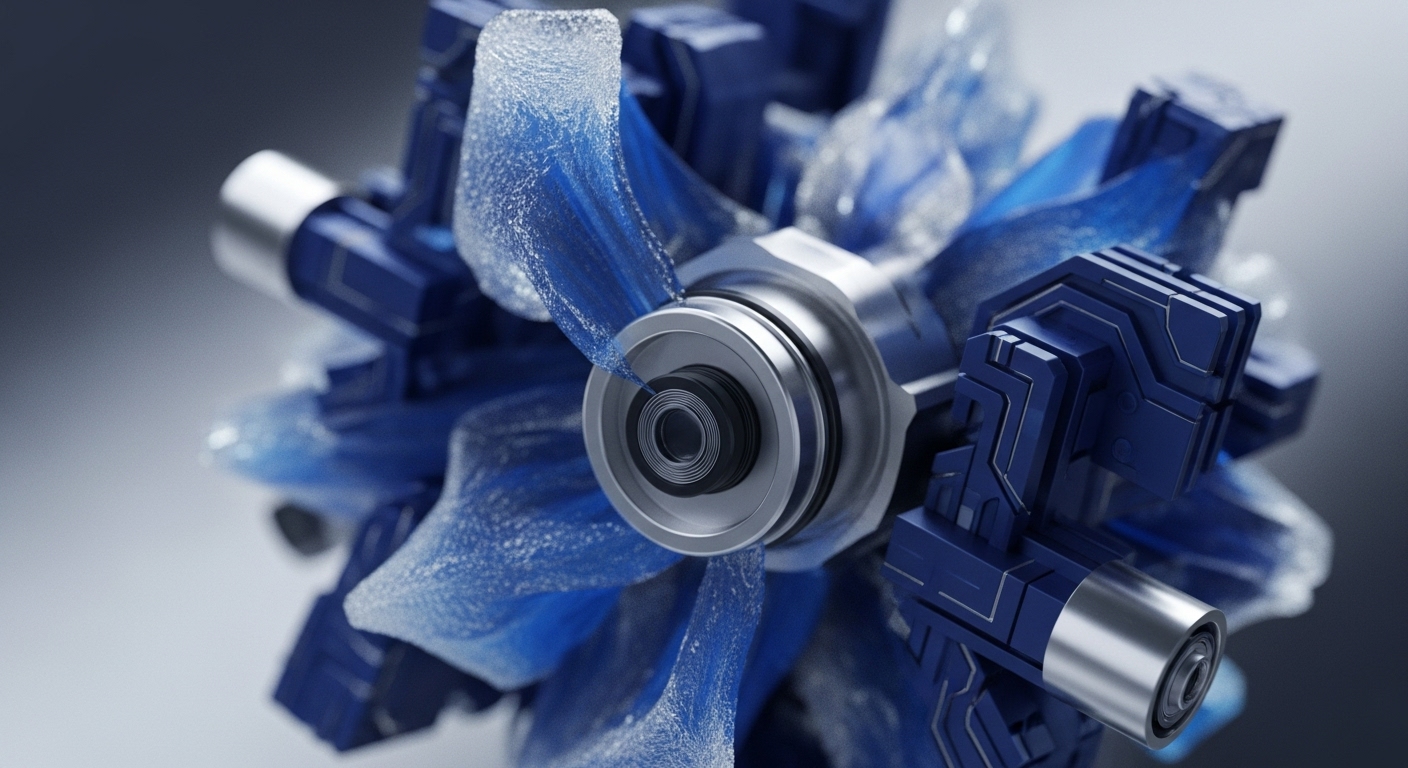 A complex technological core is depicted, composed of a central metallic component encircled by dark blue, angular modules and emanating translucent, light blue, textured elements. The blue modules feature intricate silver etchings, suggesting advanced digital circuitry and interconnectedness